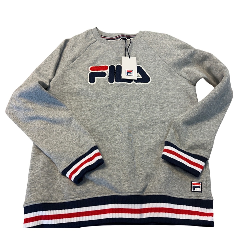 Fila Kids XL Gray Chenille Logo Raglan Sweatshirt Striped Trim